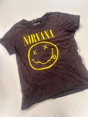NIRVANA Black Distressed Tee with Yellow Smiley Logo
